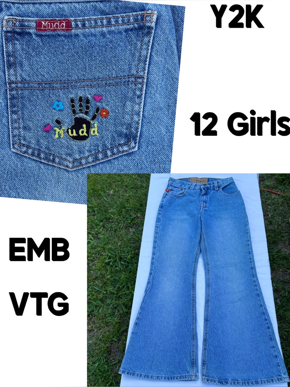 VTG Mudd denim jeans med wash signature emb handprint logo Girls Sz 12 Flared